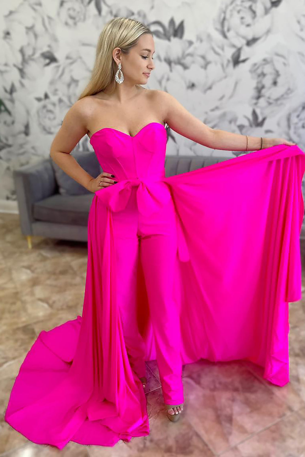 Fuchsia Sweetheart Corset Prom Jumpsuit with Bow
