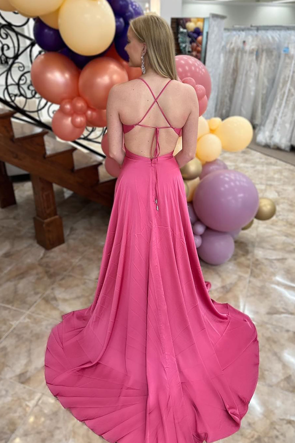 Fuchsia Spaghetti Straps Satin Mermaid Cut-out Long Prom Dress