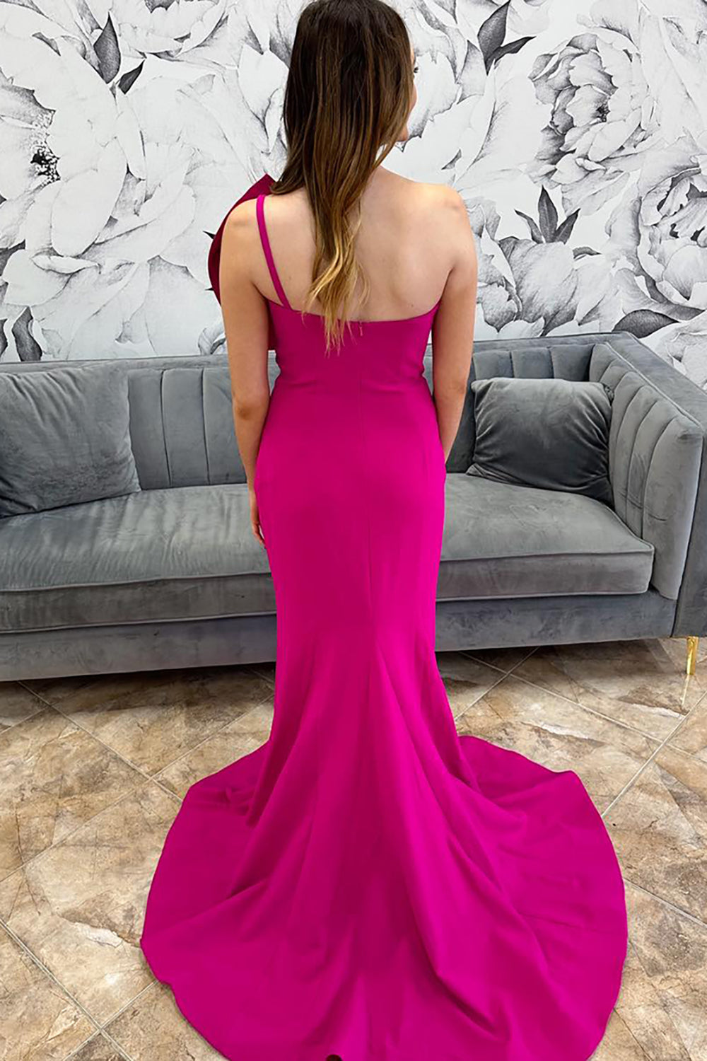 Fuchsia Spaghetti Straps Mermaid Long Prom Dress with Bow