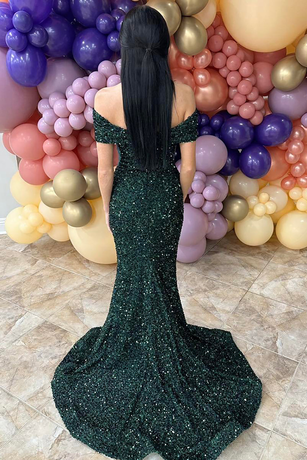 Sparkly Dark Green Off The Shoulder Sequin Mermaid Long Prom Dress