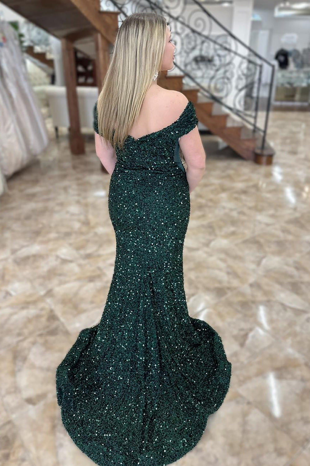 Sparkly Dark Green Off The Shoulder Sequin Mermaid Long Prom Dress