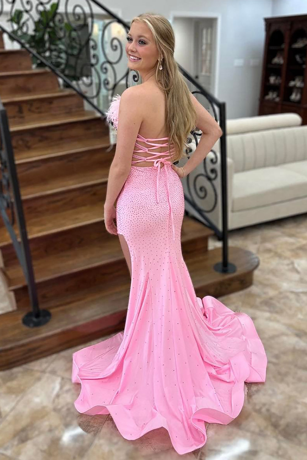 Pink Strapless Beaded Mermaid Feather Long Prom Dress with Slit