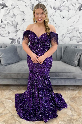 Sparkly Grape Off The Shoulder Sequins Mermaid Long Prom Dress with Feather 