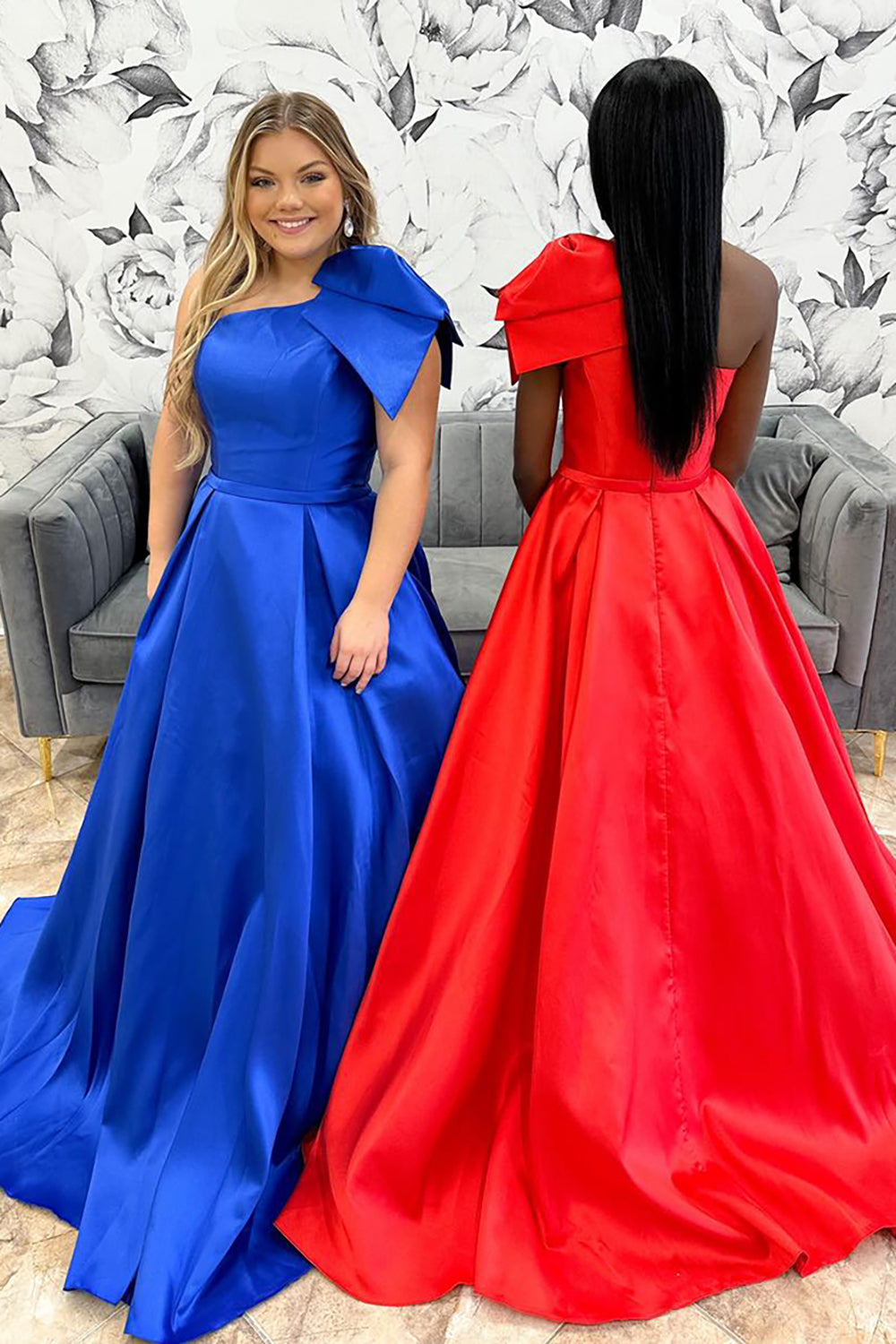 Royal Blue One Shoulder Princess Satin Long Prom Dress with Bow