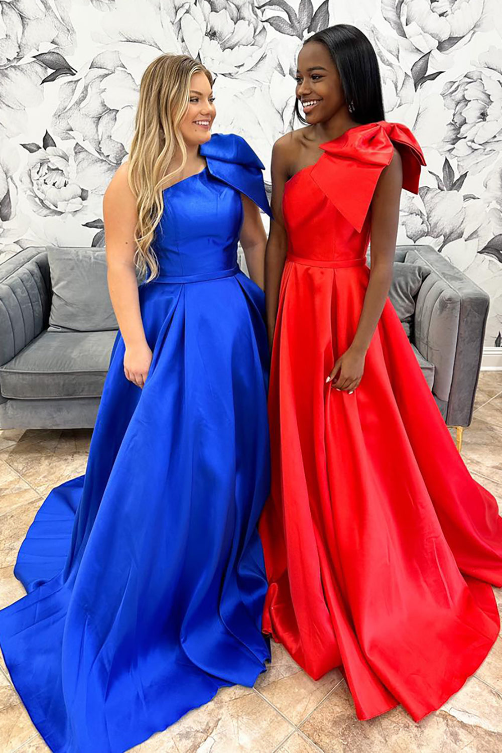 Royal Blue One Shoulder Princess Satin Long Prom Dress with Bow