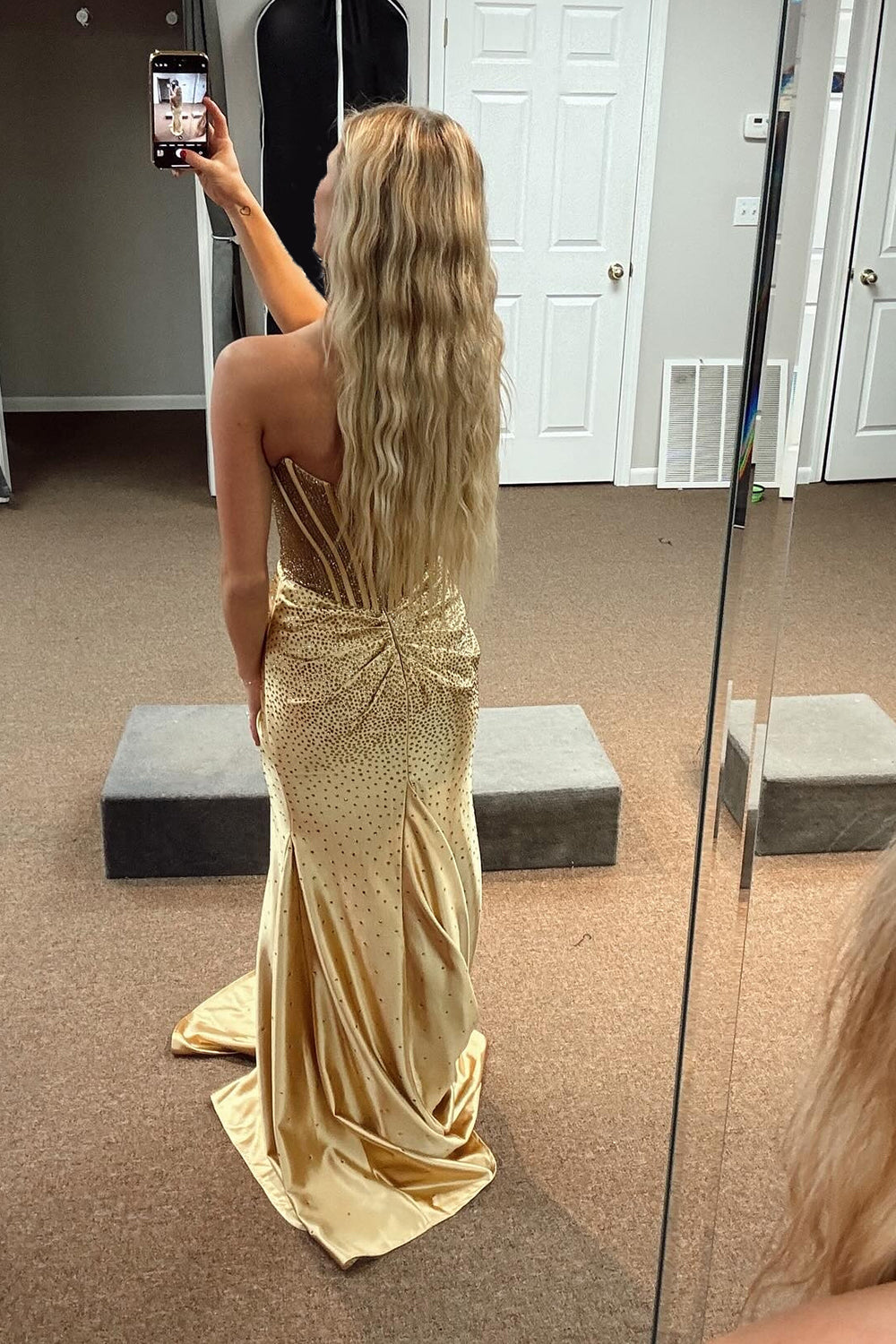 Glitter Golden Sweetheart Mermaid Beaded Long Corset Prom Dress with Slit