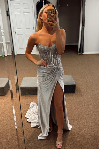 Glitter Golden Sweetheart Mermaid Beaded Long Corset Prom Dress with Slit