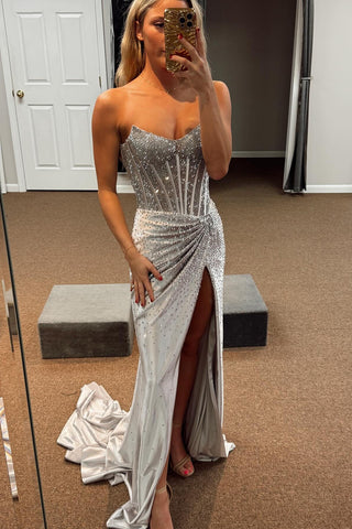 Glitter Golden Sweetheart Mermaid Beaded Long Corset Prom Dress with Slit