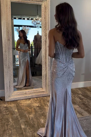 Glitter Golden Sweetheart Mermaid Beaded Long Corset Prom Dress with Slit