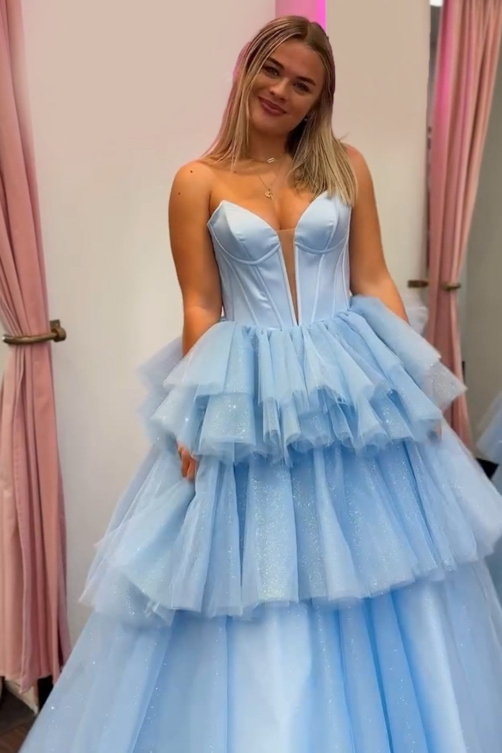 Trendy Blue Sweetheart A-Line Tulle Tiered Long Corset Prom Dress