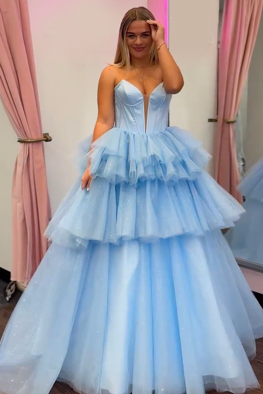 Trendy Blue Sweetheart A-Line Tulle Tiered Long Corset Prom Dress