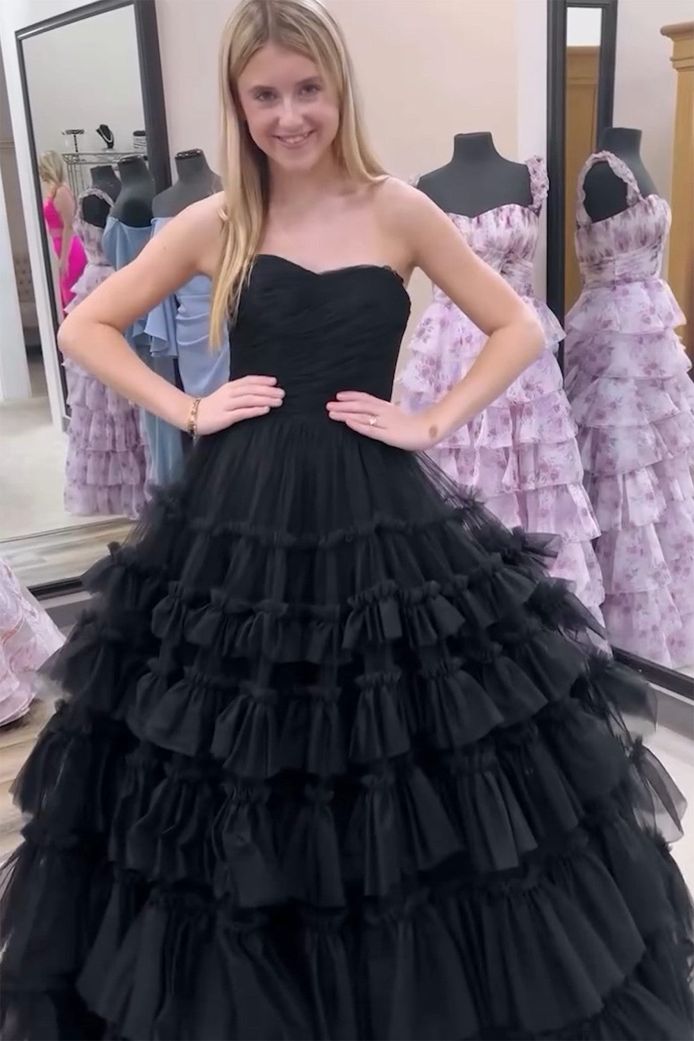 Trendy Black Strapless Tulle Tiered A-Line Long Prom Dress 