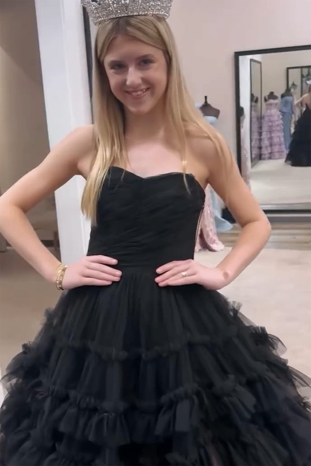 Trendy Black Strapless Tulle Tiered A-Line Long Prom Dress 