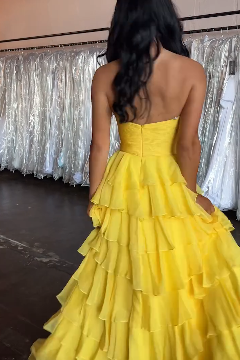 Yellow Sweetheart Chiffon Tiered A-Line Long Prom Dress