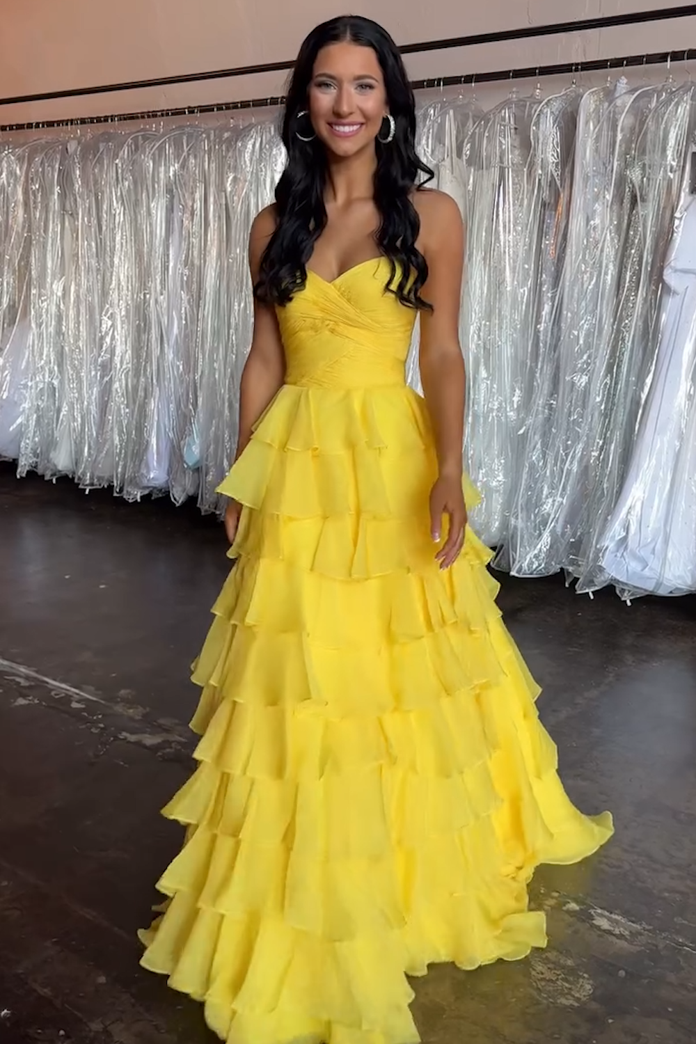 Yellow Sweetheart Chiffon Tiered A-Line Long Prom Dress