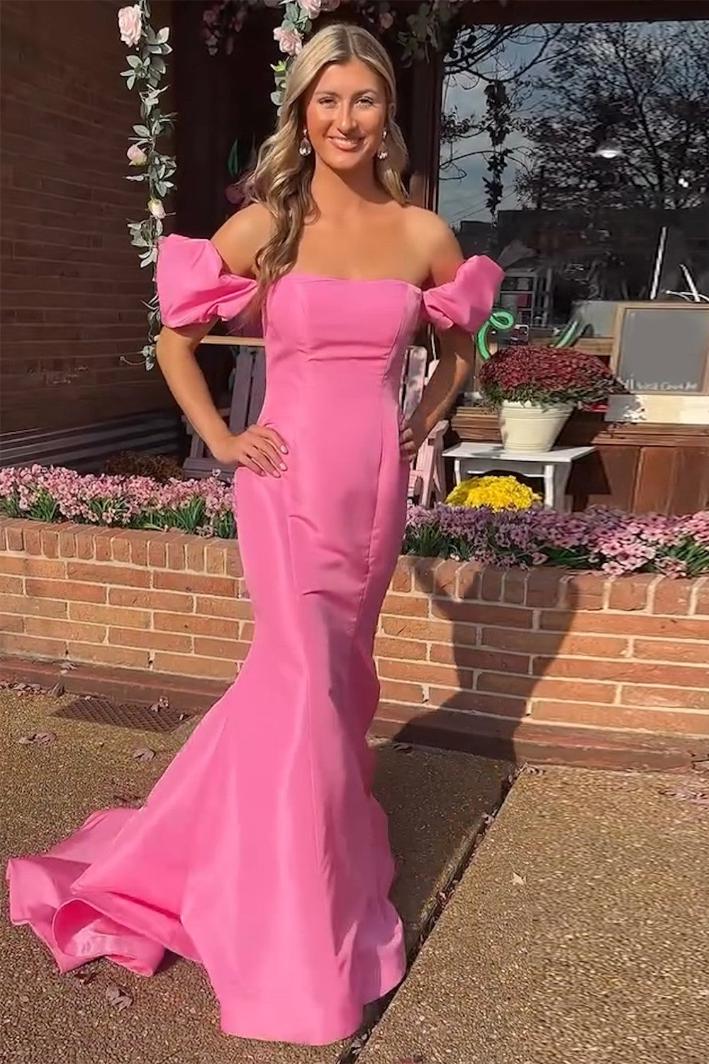 Pink Mermaid Off the Shoulder Satin Long Prom Dress Puff Sleeves