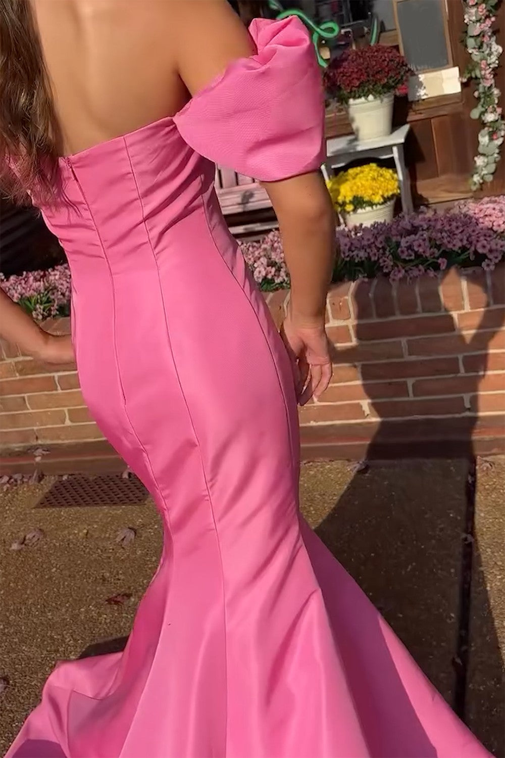 Pink Mermaid Off the Shoulder Satin Long Prom Dress Puff Sleeves