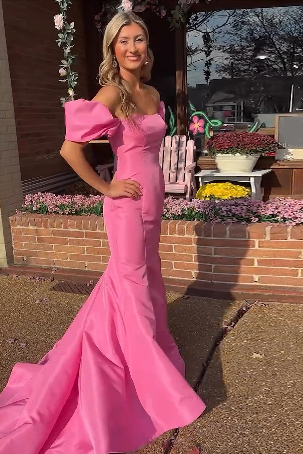 Pink Mermaid Off the Shoulder Satin Long Prom Dress Puff Sleeves