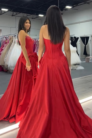 Trendy Red Strapless A-Line Satin Long Coret Prom Dress with Bow