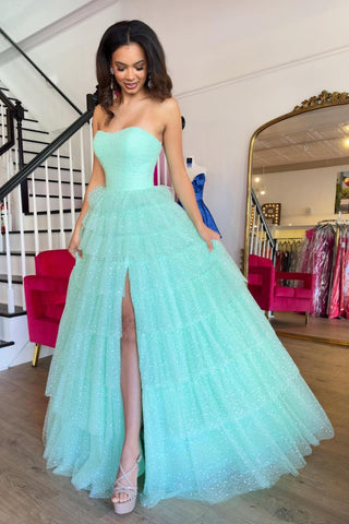 Sky Blue Sweetheart Tulle Tiered A-Line Long Prom Dress with Slit