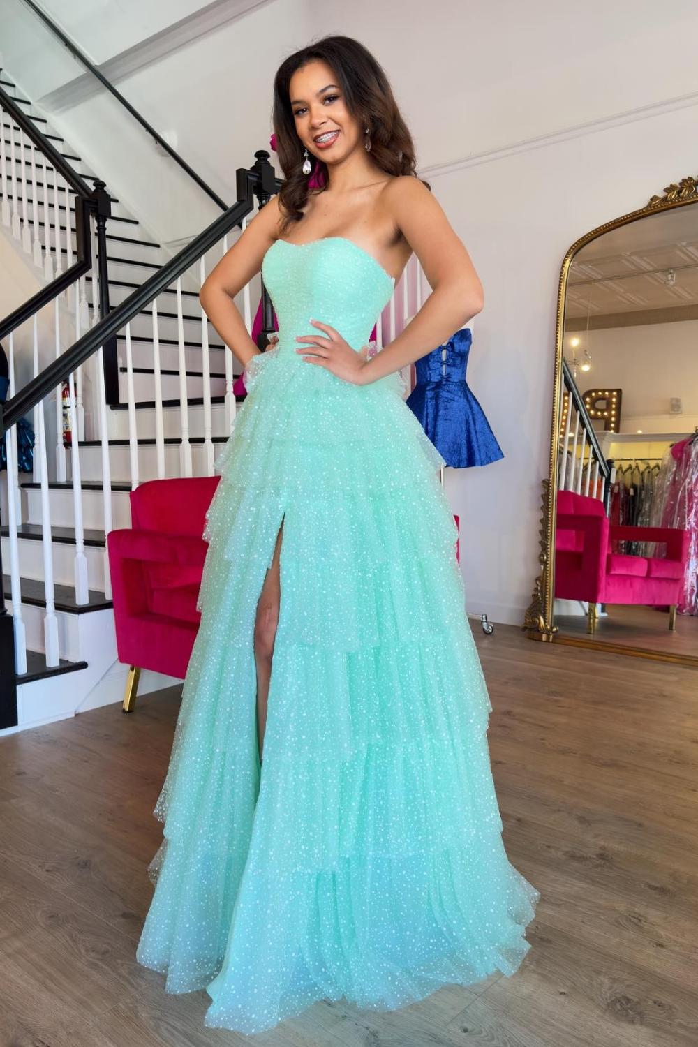 Sky Blue Sweetheart Tulle Tiered A-Line Long Prom Dress with Slit