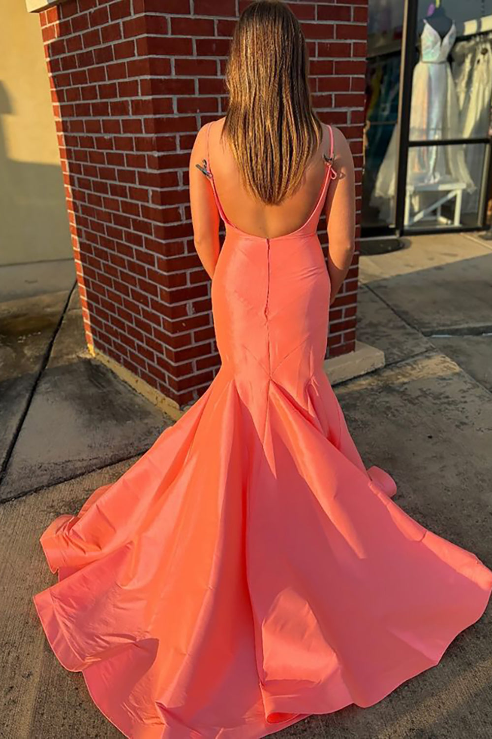 Orange Spaghetti Straps Satin Mermaid Long Prom Dress with Open Back