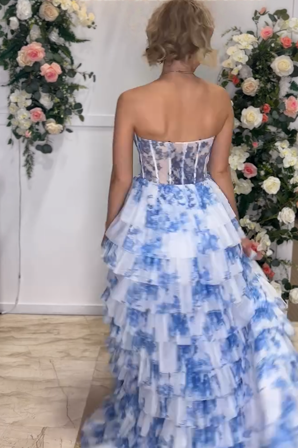 Blue Floral Printed Sweetheart Chiffon Tiered A-Line Long Corset Prom Dress