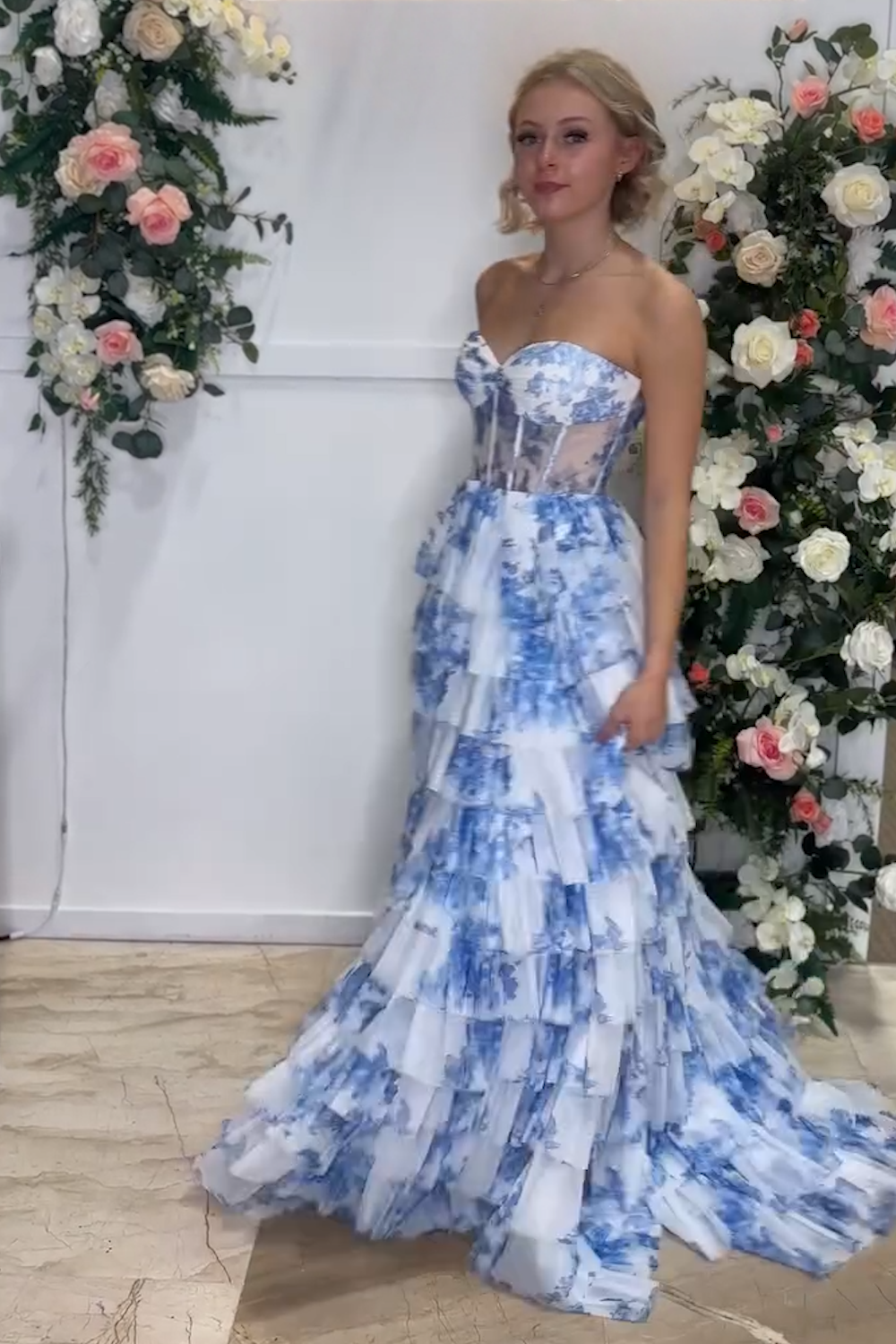 Blue Floral Printed Sweetheart Chiffon Tiered A-Line Long Corset Prom Dress