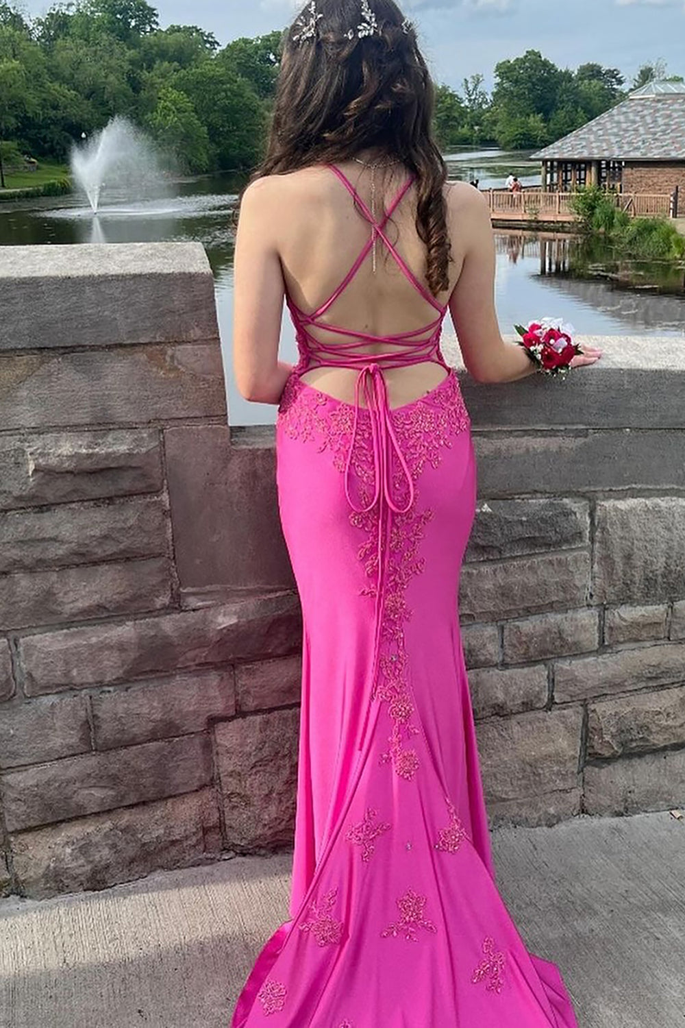 Fuchsia Spaghetti Straps Satin Mermaid Long Prom Dress with Appliques