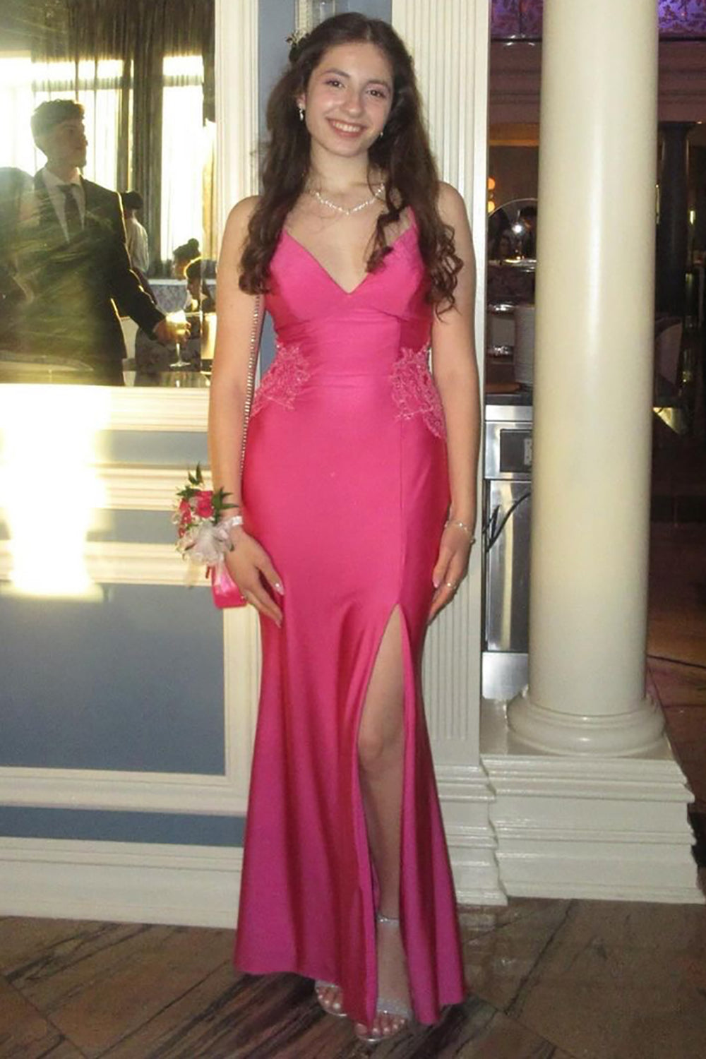 Fuchsia Spaghetti Straps Satin Mermaid Long Prom Dress with Appliques