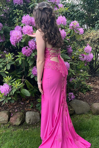 Fuchsia Spaghetti Straps Satin Mermaid Long Prom Dress with Appliques