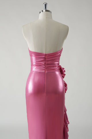 Sparkly Metallic Fuchsia Ruffled Long Prom Dress with Slit