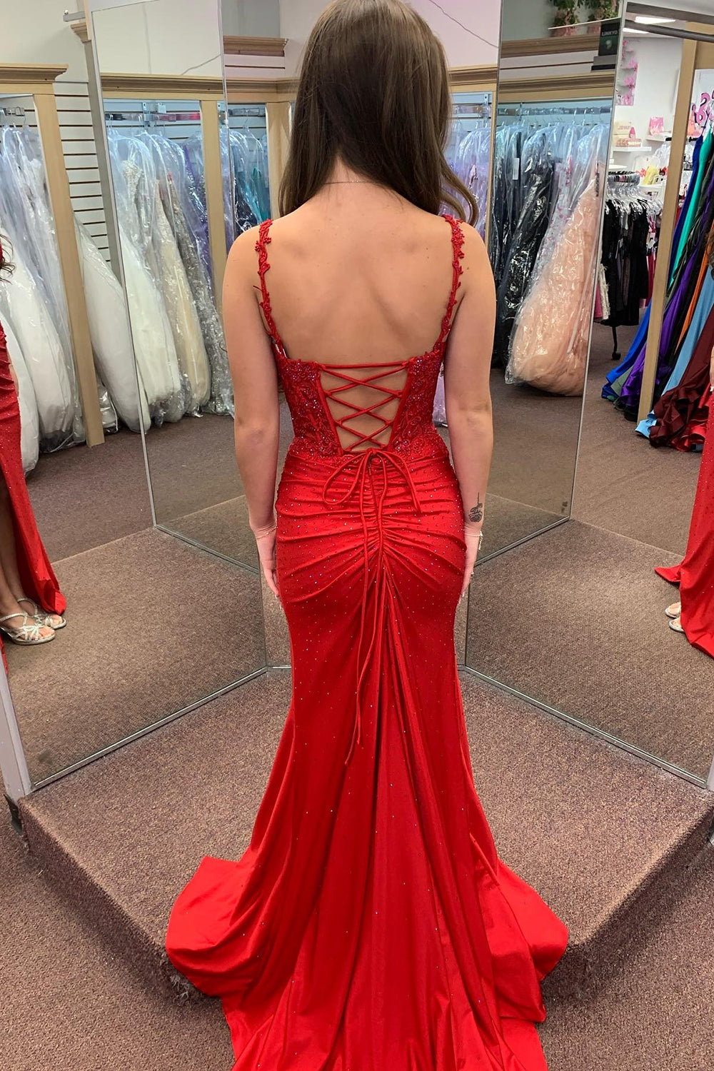 Red Spaghetti Straps Beaded Appliqued Long Corset Prom Dress with Slit