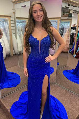 Red Spaghetti Straps Beaded Appliqued Long Corset Prom Dress with Slit