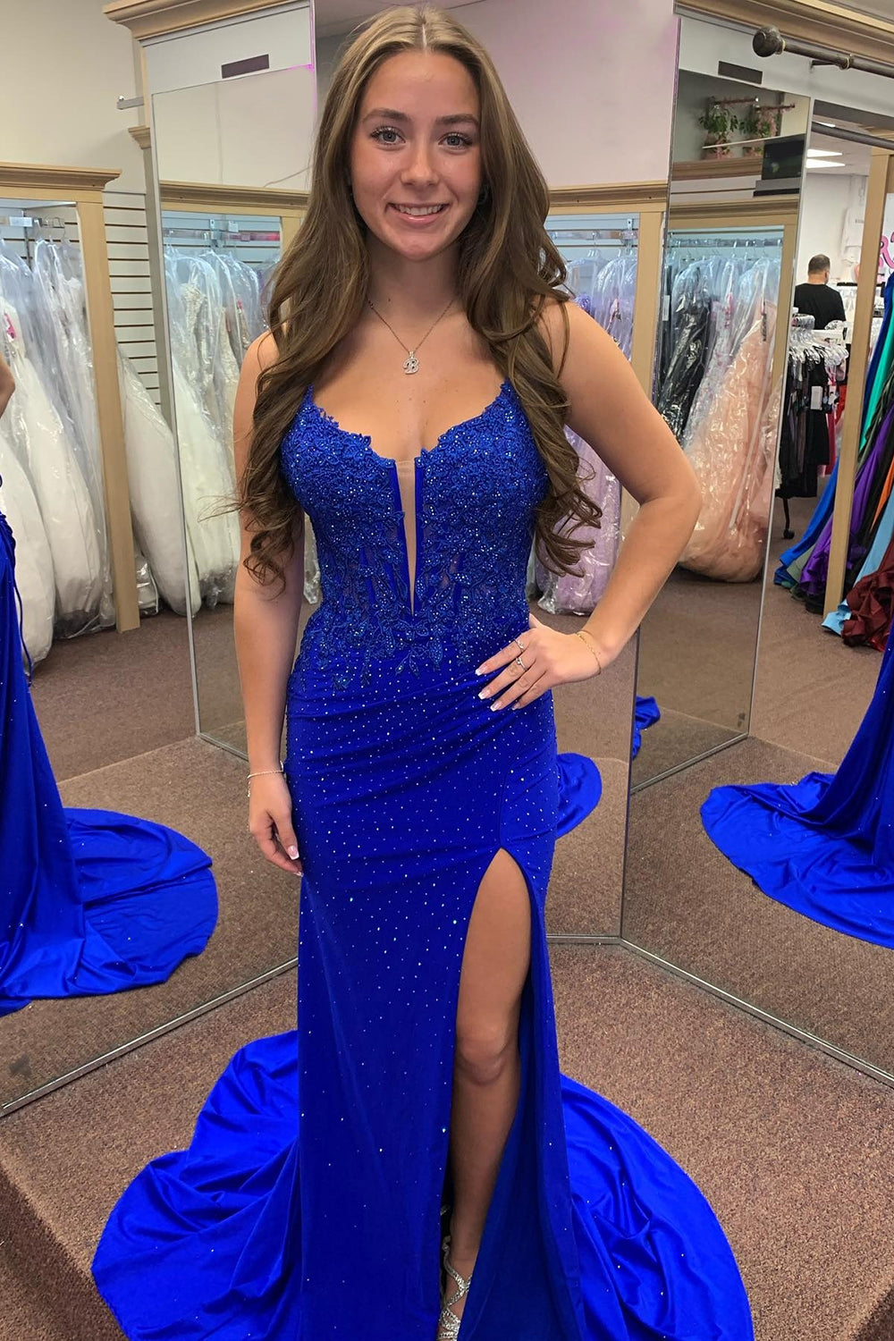 Red Spaghetti Straps Beaded Appliqued Long Corset Prom Dress with Slit