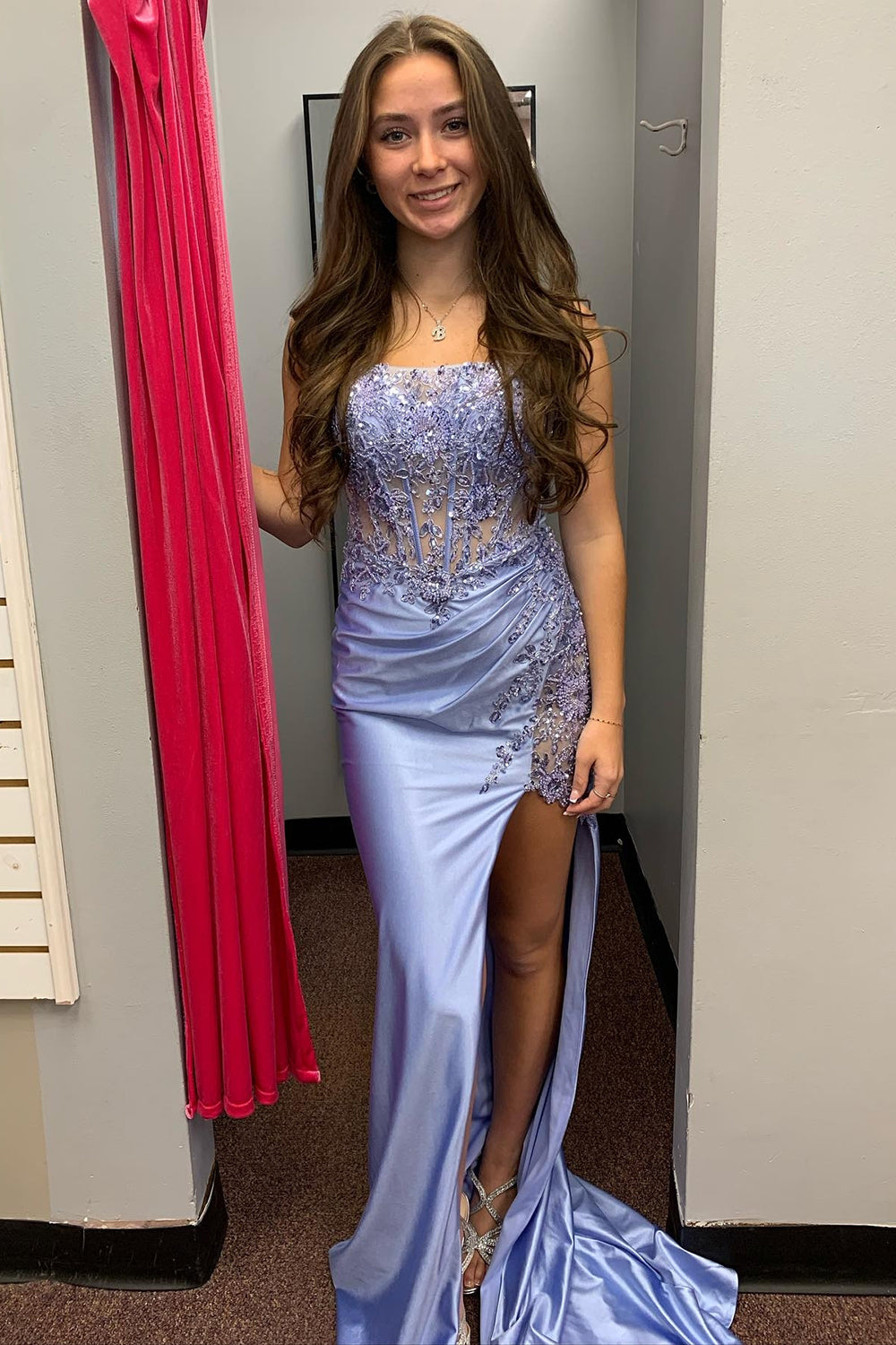 Grey Blue Strapless Satin Mermaid Appliqued Long Corset Prom Dress with Slit