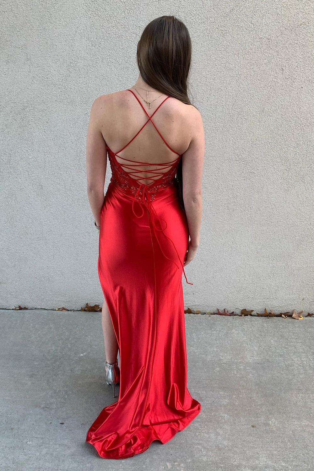 Glitter Red Spaghetti Straps Satin Mermaid Long Corset Prom Dress with Beading