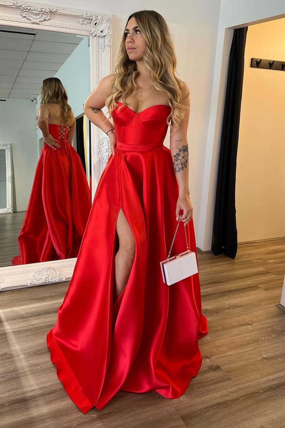 Chic Red Sweetheart Satin A-Line Long Corset Prom Dress with Slit