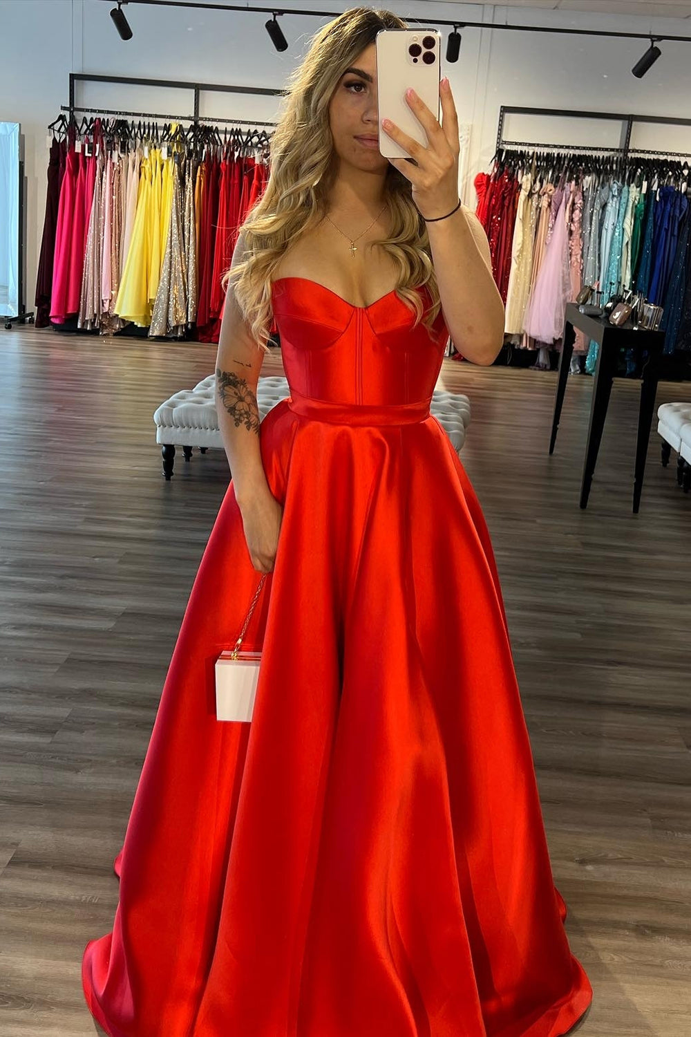 Chic Red Sweetheart Satin A-Line Long Corset Prom Dress with Slit