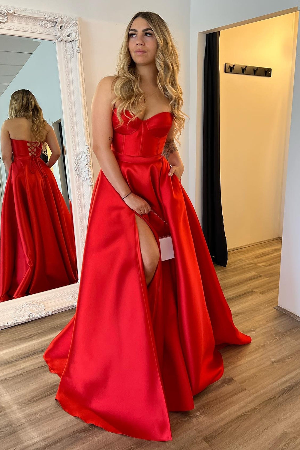 Chic Red Sweetheart Satin A-Line Long Corset Prom Dress with Slit