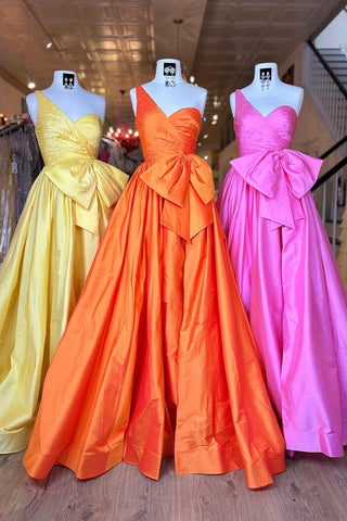 Royal Blue One Shoulder Princess Satin Long Prom Dress with Bow