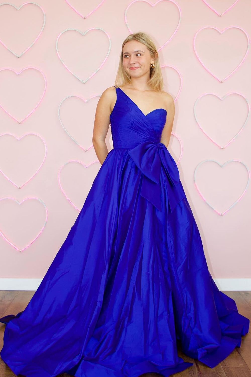 Royal Blue One Shoulder Princess Satin Long Prom Dress with Bow