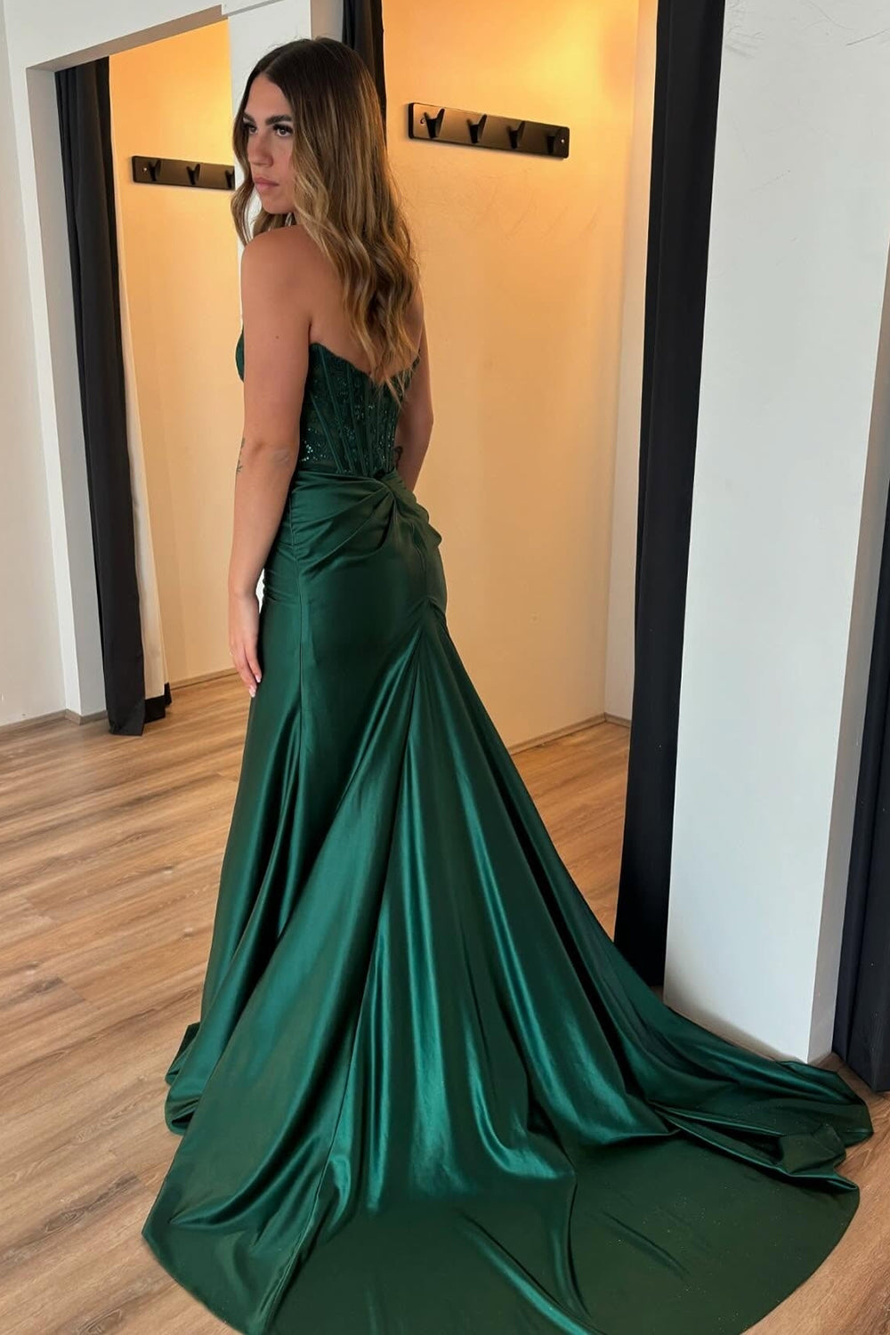 Dark Green Strapless Satin Mermaid Long Corset Prom Dress with Appliques