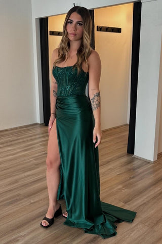 Dark Green Strapless Satin Mermaid Long Corset Prom Dress with Appliques