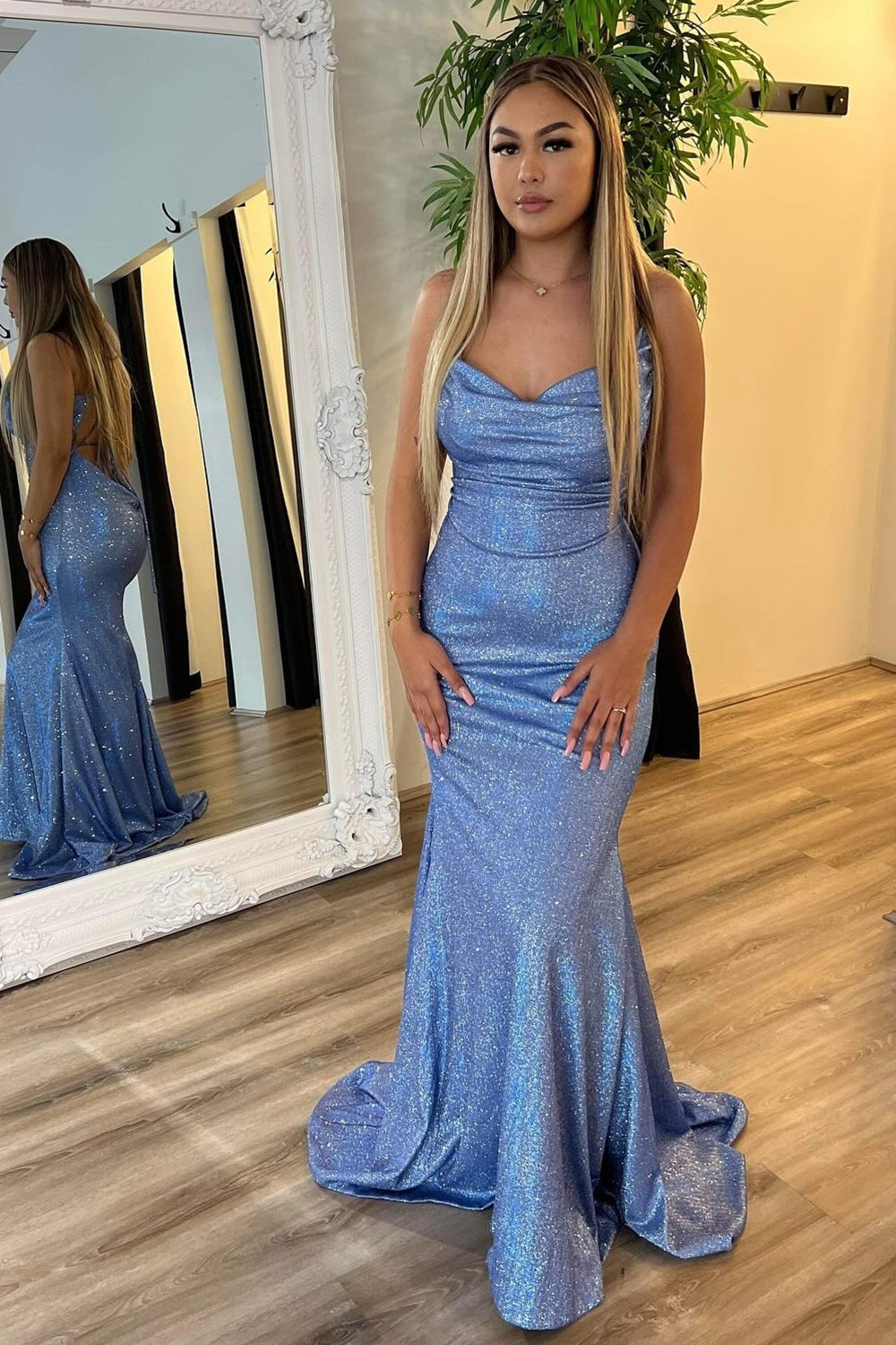 Grey Blue Spaghetti Straps Sequins Mermaid Long Prom Dress with Criss Cross Back