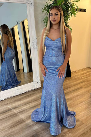 Grey Blue Spaghetti Straps Sequins Mermaid Long Prom Dress with Criss Cross Back