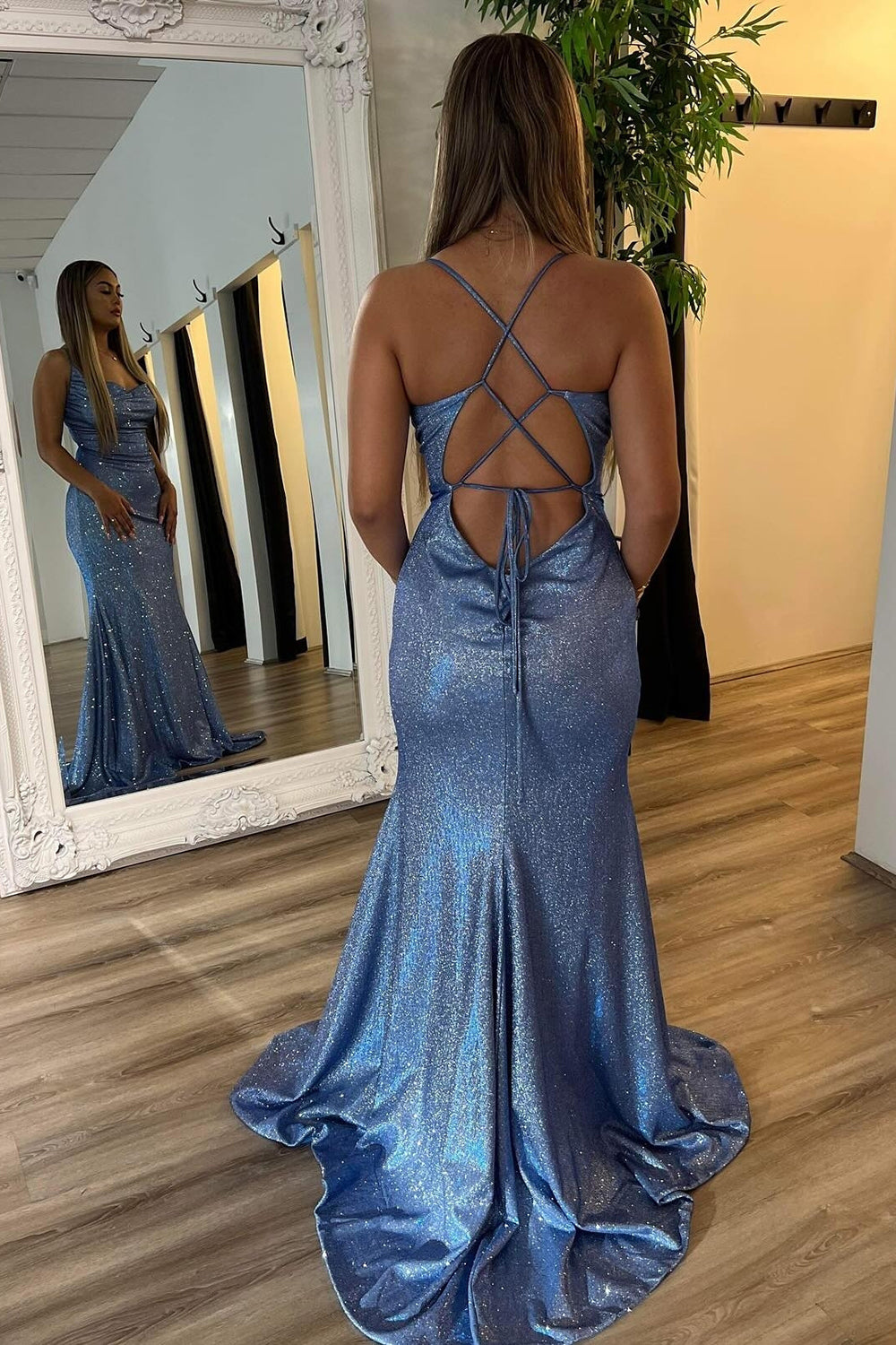 Grey Blue Spaghetti Straps Sequins Mermaid Long Prom Dress with Criss Cross Back