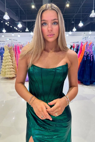 Dark Green Strapless Mermaid Ruched Long Corset Prom Dress with Slit