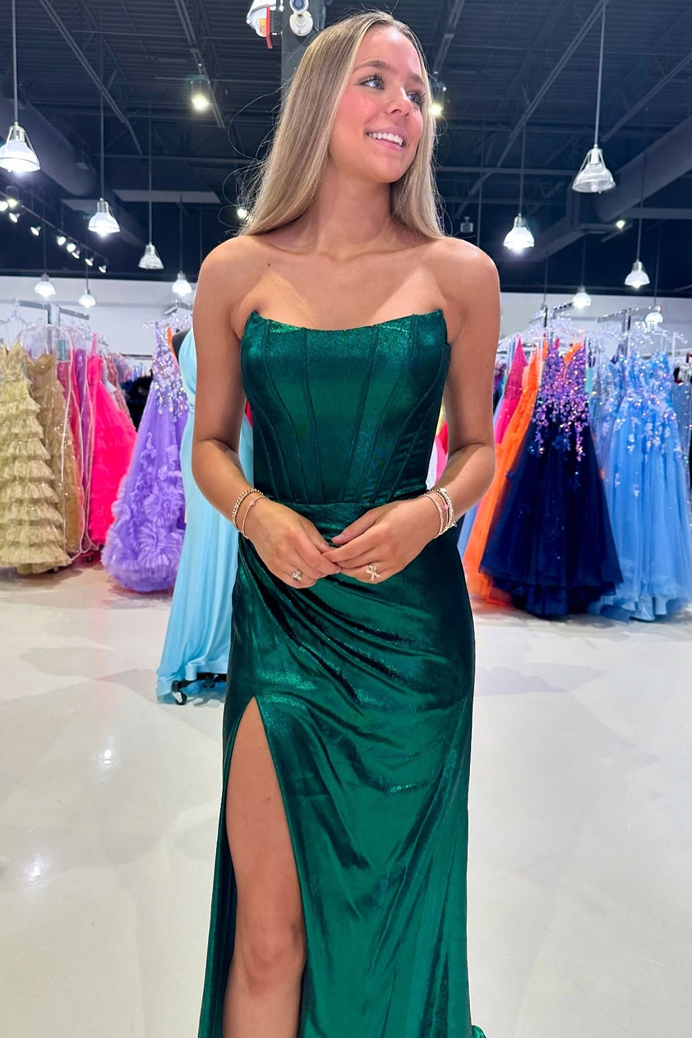Dark Green Strapless Mermaid Ruched Long Corset Prom Dress with Slit