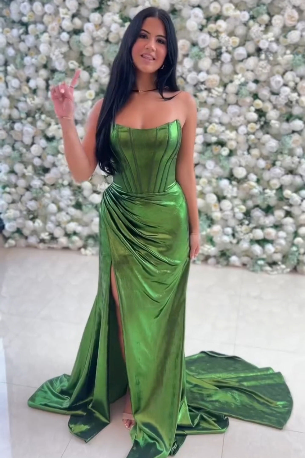 Dark Green Strapless Mermaid Ruched Long Corset Prom Dress with Slit